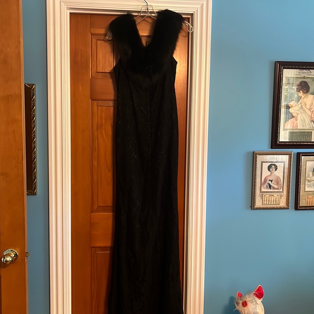 Stone Ferris Studio long black gown with a fur collar floor length